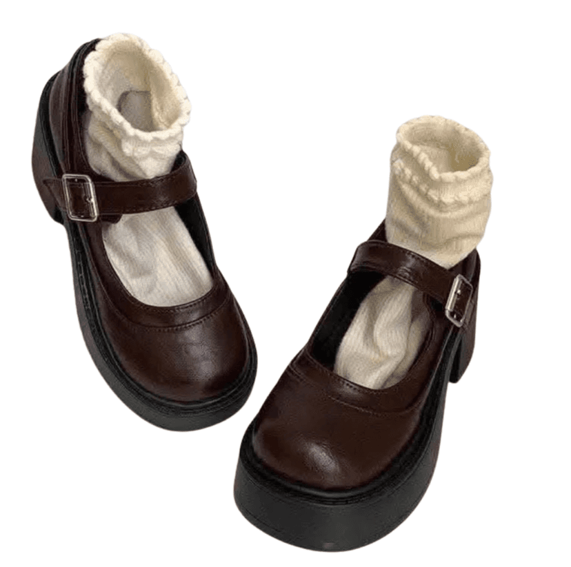 Giày Mary Jane đế dày cho phụ nữ, mới mùa xuân hè, màu đen ,nâu retro Nhật Bản JK, mũi tròn, gót chunky, giày da