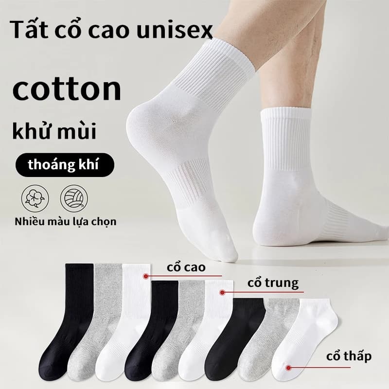 Vớ cao cổ unisex nam màu trơn trắng đen, thoáng khí và thấm hút mồ hôi 3 màu vớ lựa chọn